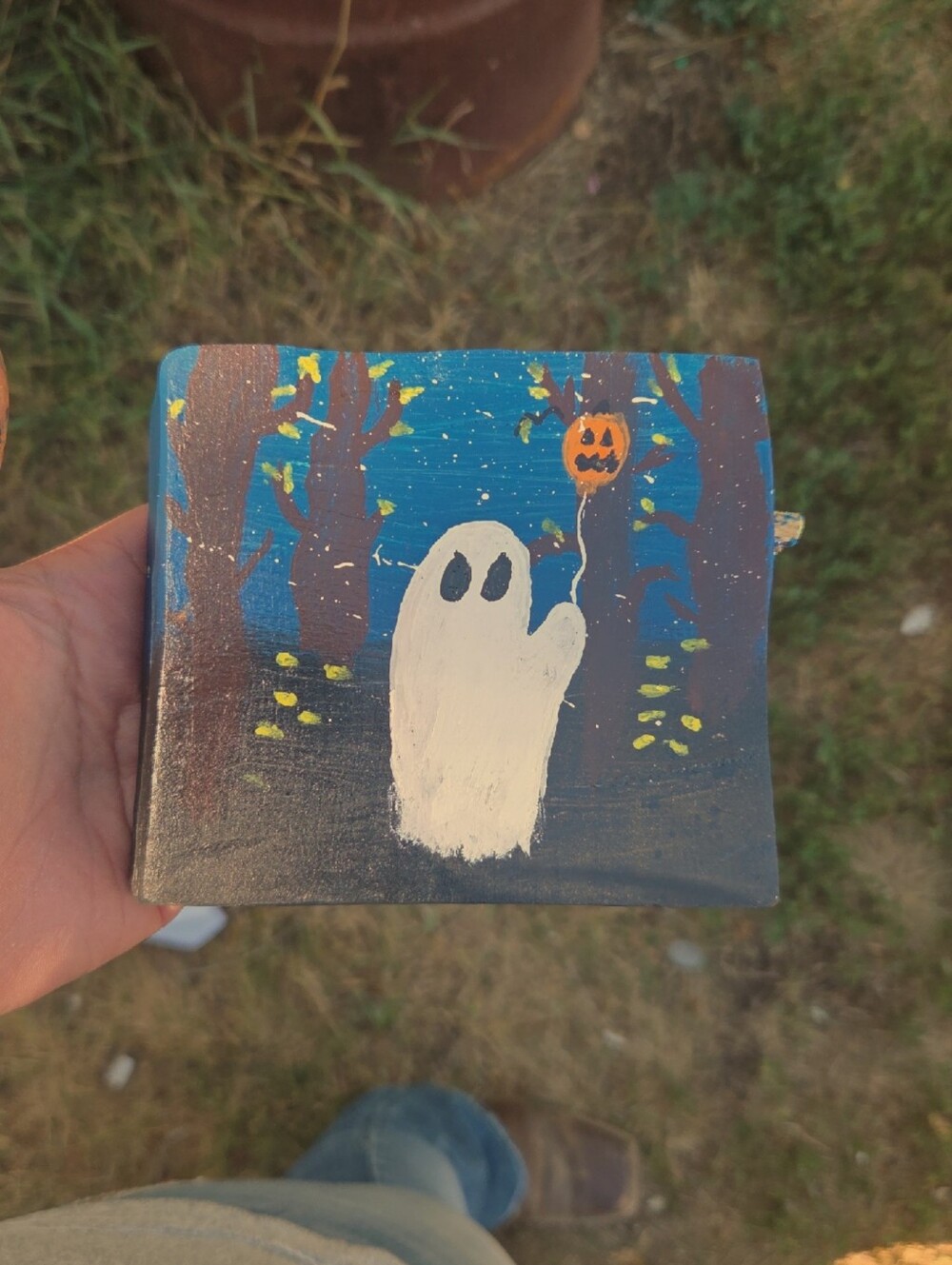 Hand-Painted White Ghost Halloween Wood Art